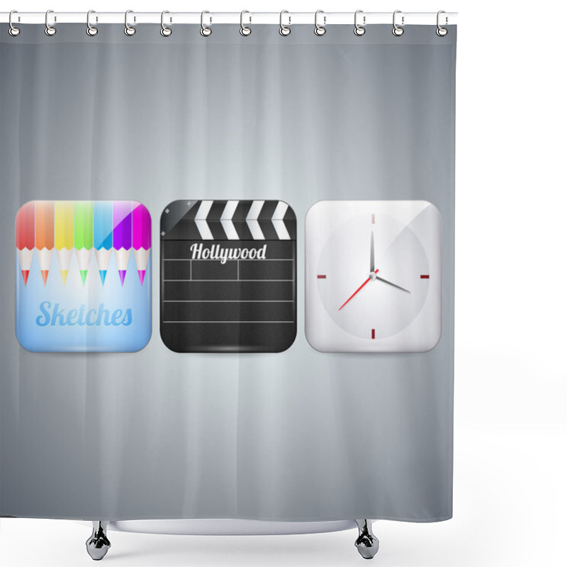 Personality  Icons Set Of Pencils, Clapboard And Clock. Shower Curtains