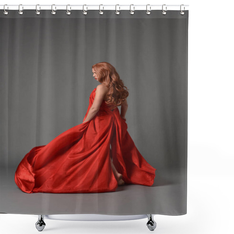 Personality  Full Length Portrait Of Woman Wearing A Red Silk Dress, Standing Pose On Grey Studio Background. Shower Curtains