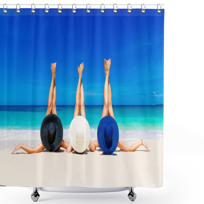 Personality  Three Young Women In Straw Hats Lying On A Tropical Beach, Stret Shower Curtains