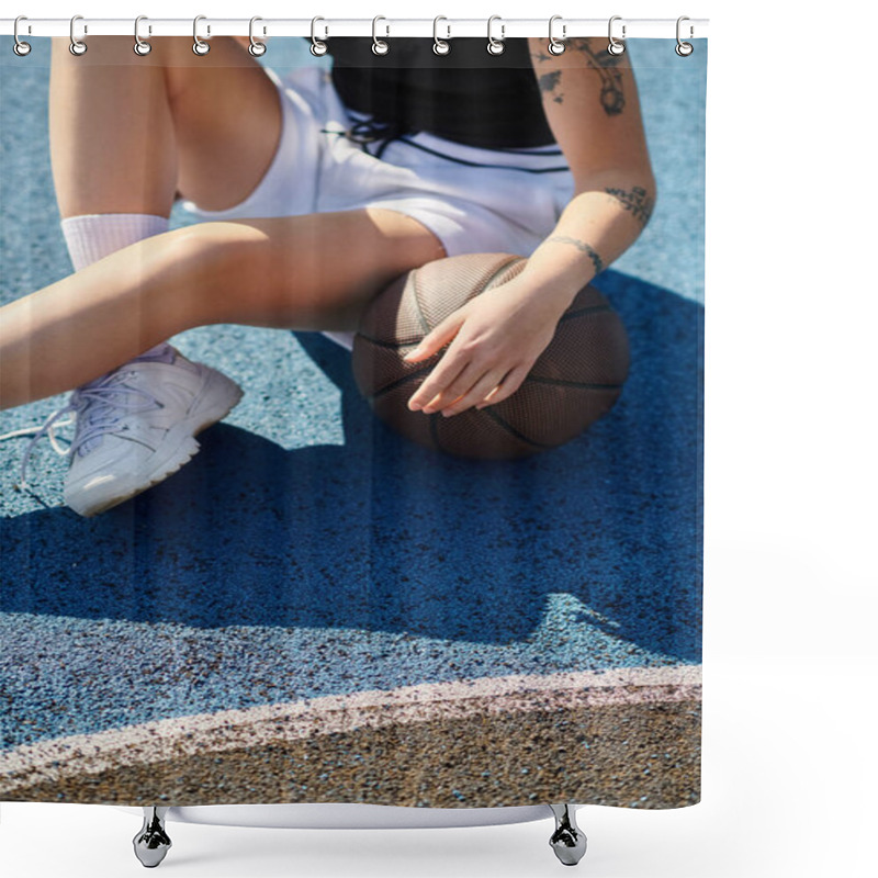 Personality  A Young Woman Sits On The Ground With A Basketball, Lost In Thought And Ready To Play. Shower Curtains