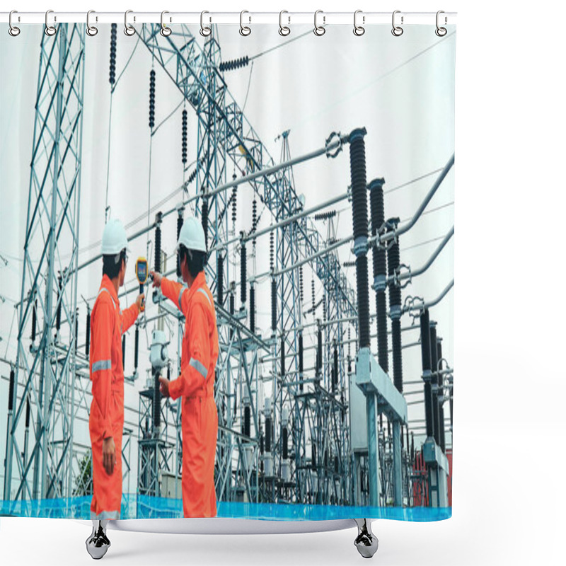 Personality  Electrical Engineers Used A Thermometer To Check For Faults In Equipment Sets, Also Known As Preventive Maintenance To Reduce The Damage Of Equipment, Concept To Professional Engineer On Industrial. Shower Curtains