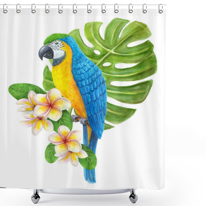 Personality  Parrot Ara With Tropical Bouquet Of Frangipani Flowers, Greenery Of Monstera Leaf. Exotic Floral Composition, Watercolor Painting Of Leaves, Flowers And Blue-and-yellow Macaw. Shower Curtains