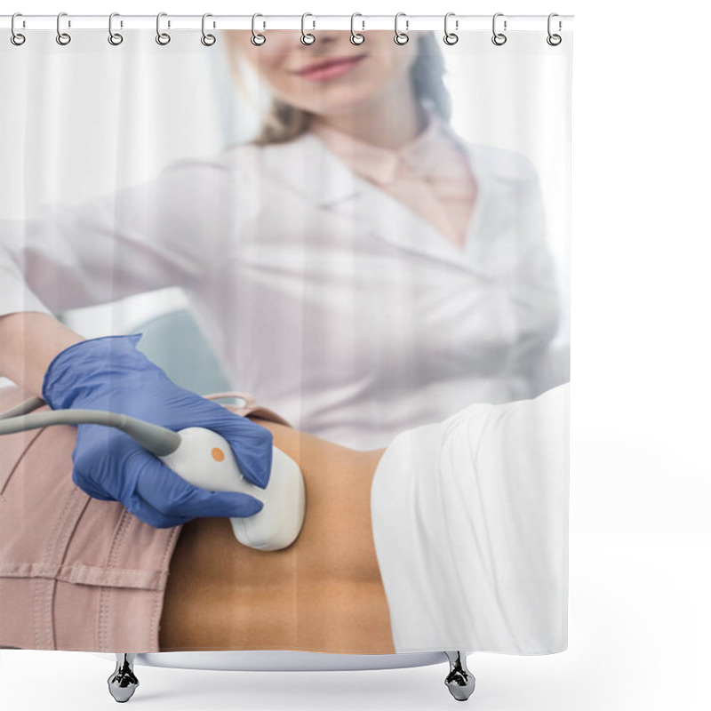 Personality  Cropped View Of Young Doctor Examining Kidney Of Female Patient With Ultrasound Scan In Clinic Shower Curtains