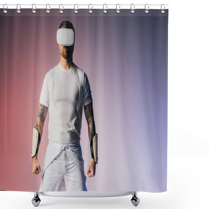 Personality  A Man With A Blindfold Covering His Face And Arm In A Surreal Studio Setting, Exploring The Depths Of The Metaverse. Shower Curtains