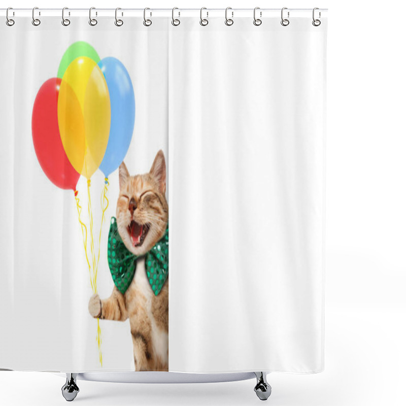 Personality  Funny Cat Is Wearing A Festive Clothes And Holding Balloons. White Label For Text. Shower Curtains