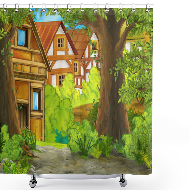 Personality  Cartoon Summer Scene With Path To The Farm Village - Nobody On The Scene - Illustration For Children Shower Curtains