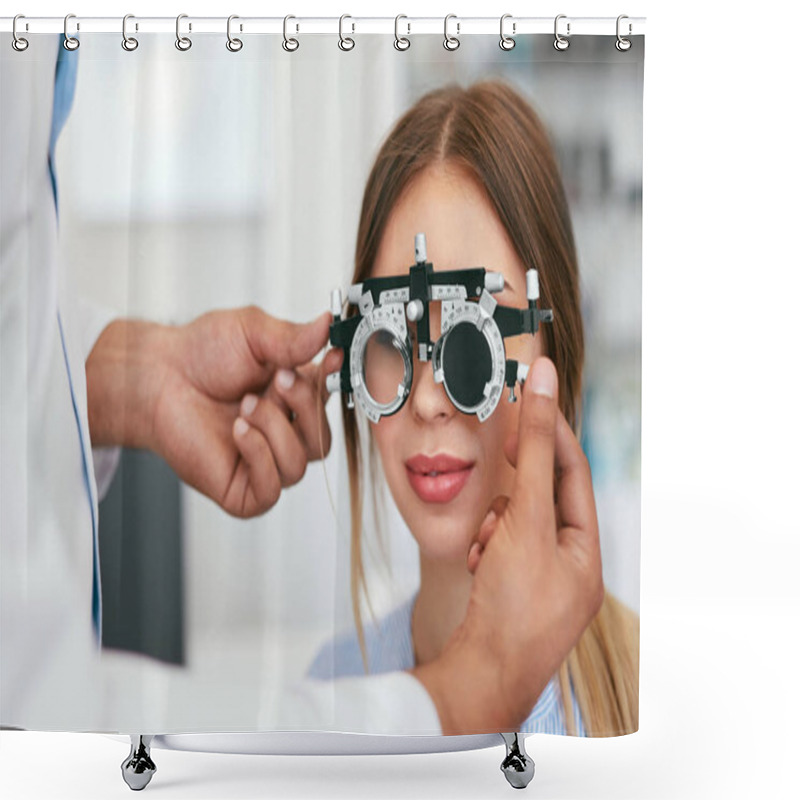 Personality  Eye Exam. Woman In Glasses Checking Eyesight At Clinic Shower Curtains