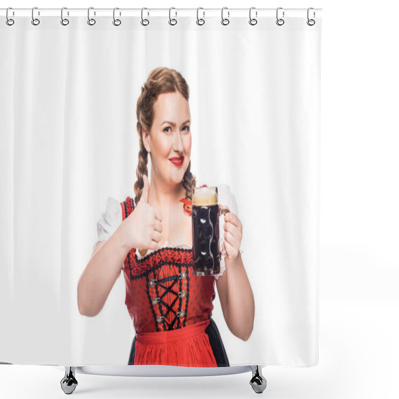 Personality  Oktoberfest Waitress In Traditional Bavarian Dress Showing Thumb Up And Holding Mug Of Brown Beer Isolated On White Background Shower Curtains