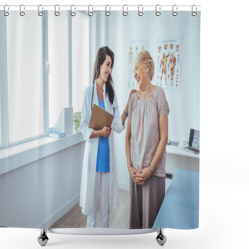 Personality  Smiling Female Patient At Consultation With Woman Doctor. Patient Having Consultation With Doctor In Office. Cropped Shot Of A Medical Practitioner Reassuring A Patient Shower Curtains