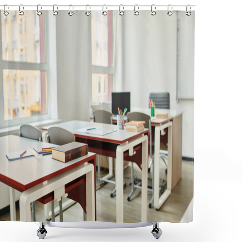 Personality  The Classroom Sits Empty, Desks And Chairs Aligned In Neat Rows Shower Curtains