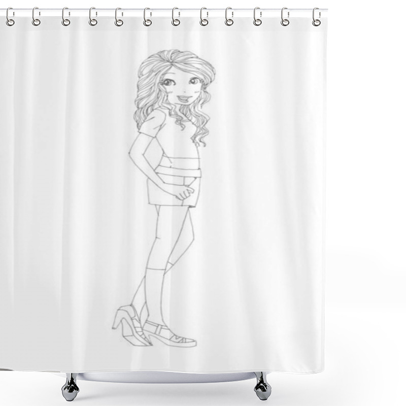 Personality  Beautiful Cute Girls Hand Drawn, Happy Young Girl Teenager Cartoon Doodle Women Isolated On White Background Vector Illustration Shower Curtains