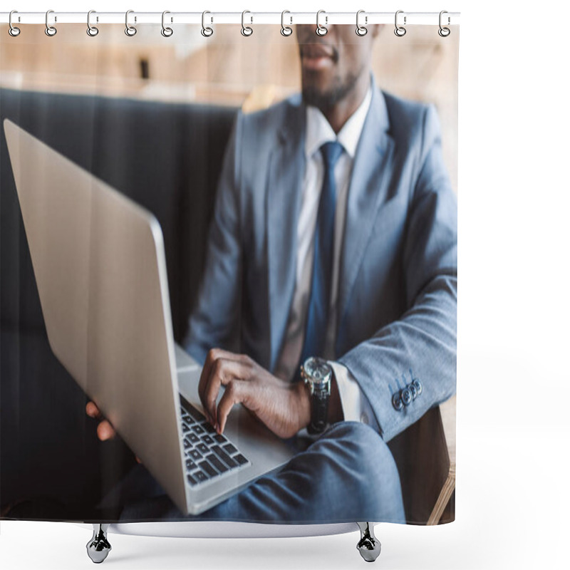 Personality  Businessman With Laptop In Cafe  Shower Curtains