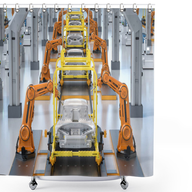 Personality  Automation Automobile Factory With 3d Rendering Robot Assembly Line Manufacture Ev Car Shower Curtains