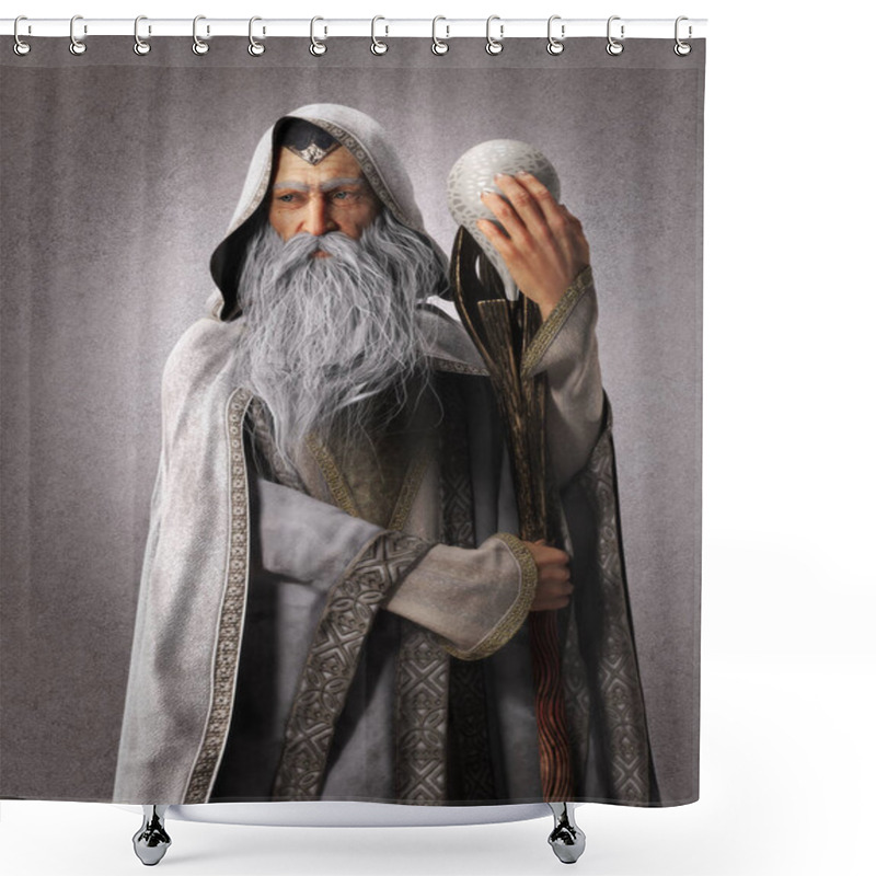 Personality  Portrait Of A Fantasy White Wizard With A Staff And A Backdrop Background. 3d Rendering Shower Curtains