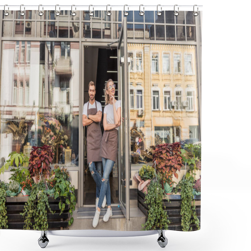 Personality  Smiling Female And Male Florists Standing In Open Door Of Flower Shop Shower Curtains