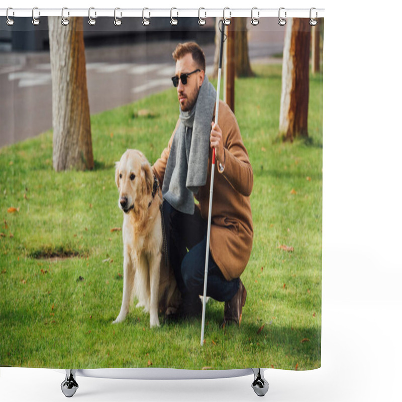 Personality  Blind Man With Walking Stick And Guide Dog On Lawn  Shower Curtains