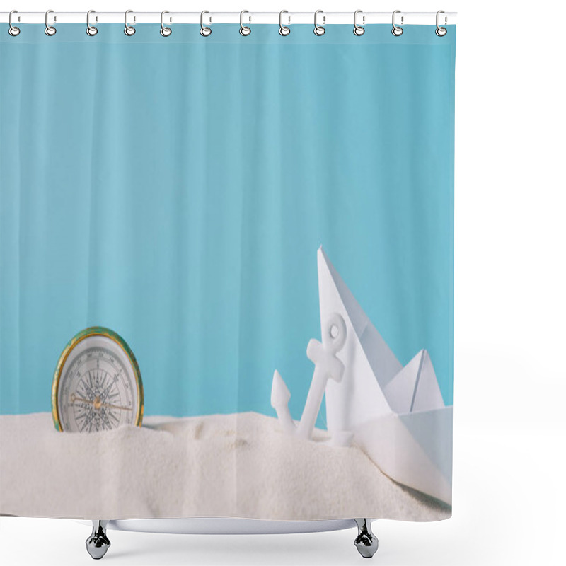 Personality  White Sand With Paper Boat, Compass And Anchor Isolated On Blue Shower Curtains