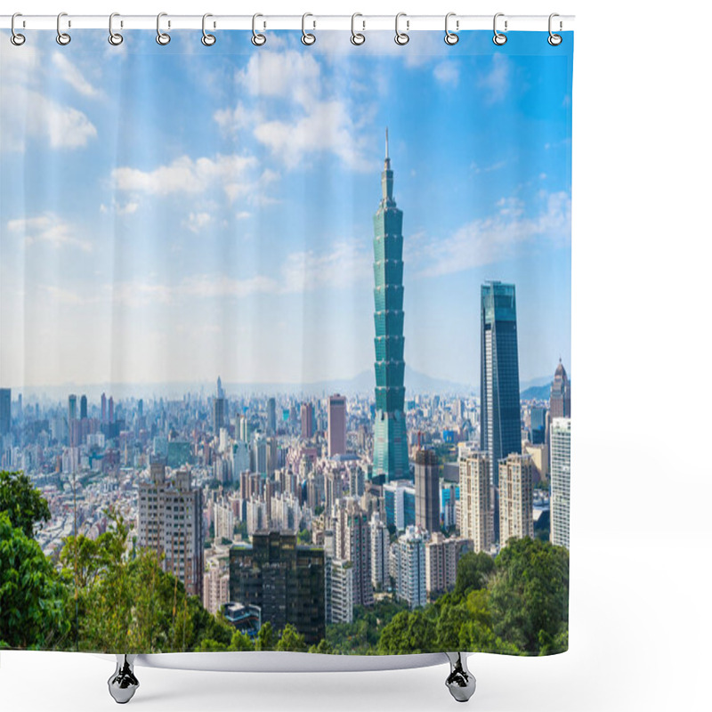 Personality  Beautiful Landscape And Cityscape Of Taipei 101 Building And Architecture In The City Skyline With Bluesky And White Cloud At Taiwan Shower Curtains