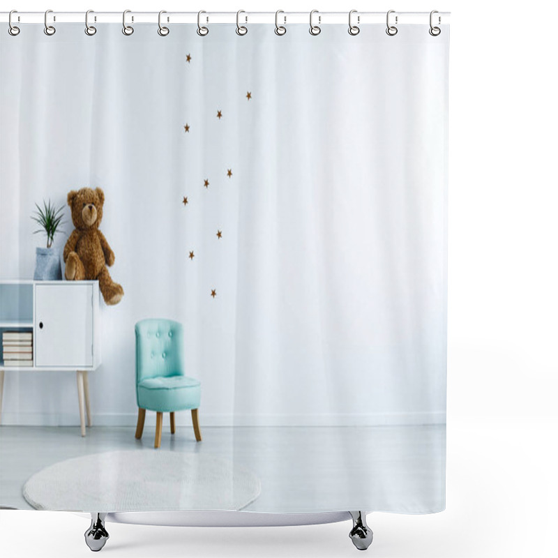 Personality  Small Light Blue Armchair For Kid Standing In White Room Interior With Stars On The Wall, White Rug And Cupboard With Books, Teddy Bear And Fresh Plant. Empty Space For Your Crib Shower Curtains