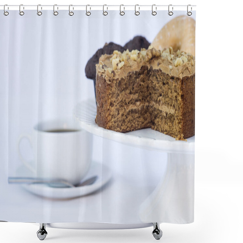 Personality  Continental Breakfast Buffet Table Setting With Coffee And Pastr Shower Curtains