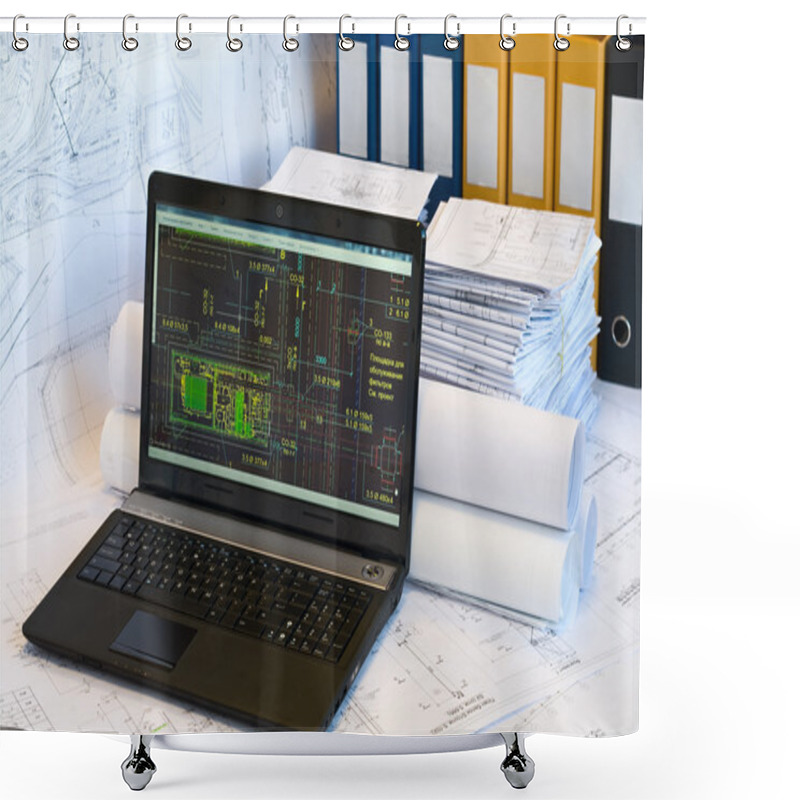 Personality  Laptop Near Pile Of Project Drawings Shower Curtains