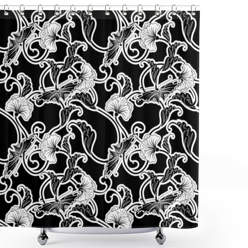 Personality  Ornate Japanese Inspired Black And White Repeating Seamless Tile Shower Curtains