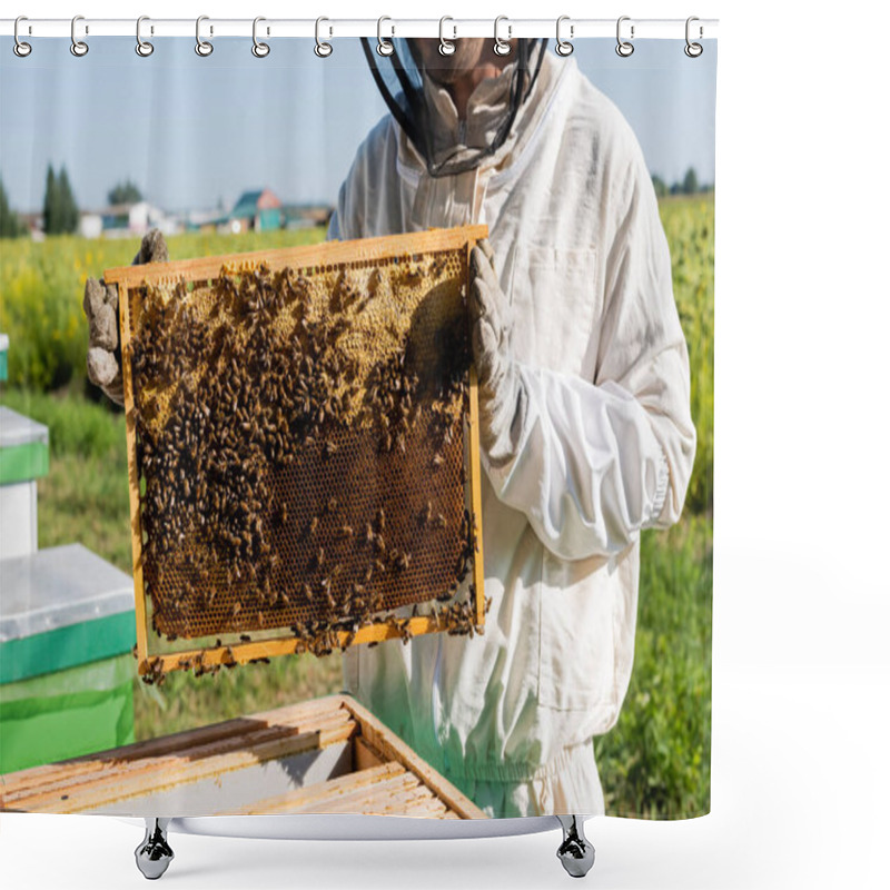 Personality  Cropped View Of Beekeeper In Protective Suit And Gloves Holding Honeycomb Frame With Bees On Apiary Shower Curtains