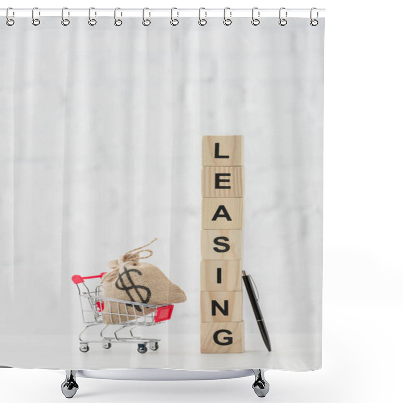 Personality  Wooden Cubes With Leasing Lettering Near Toy Shopping Cart With Dollar Bag On White  Shower Curtains