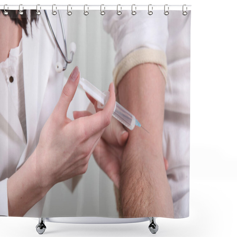 Personality  Doctor Giving Her Patient A Shot Shower Curtains