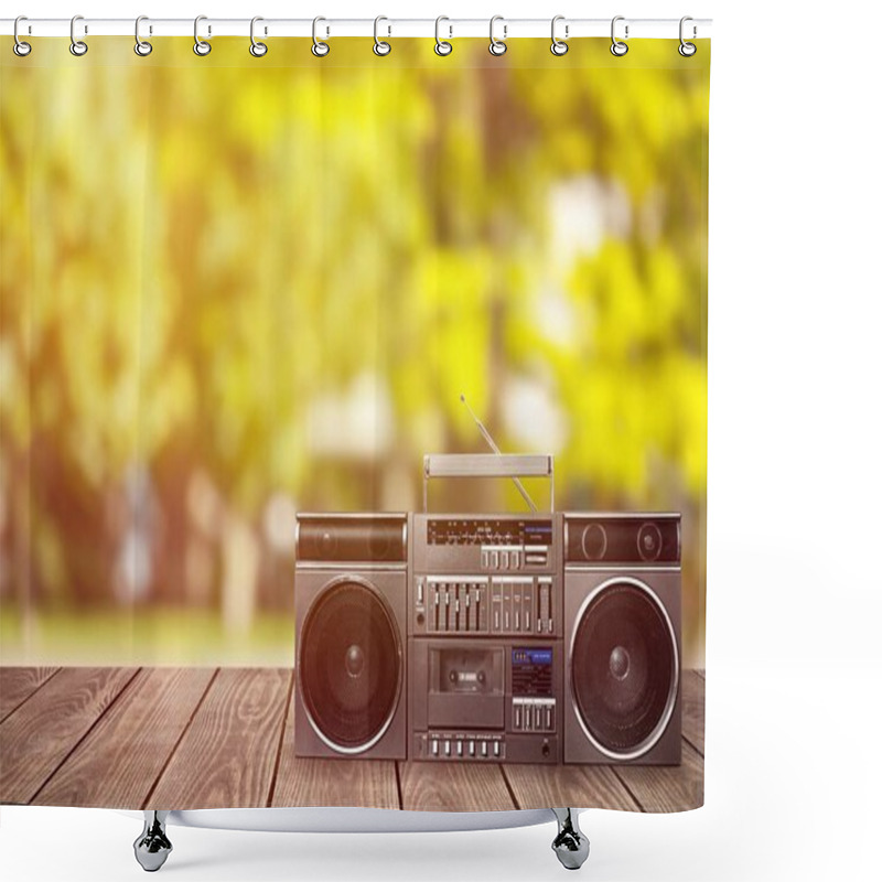 Personality  Old Boombox On A Wooden Background Shower Curtains