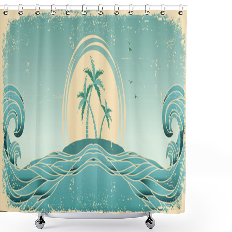 Personality  Blue Seascape Horizon. Vector Grunge Image With Tropical Palms O Shower Curtains