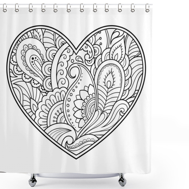 Personality  Mehndi Flower Pattern In Form Of Heart With Lotus For Henna Drawing And Tattoo. Decoration In Ethnic Oriental, Indian Style. Coloring Book Page. Shower Curtains