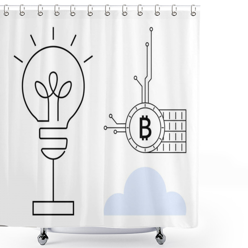 Personality  A Lightbulb And Bitcoin Symbol Next To A Cloud, Representing Innovation, Cryptocurrency, And Tech Advancements. Ideal For Tech Innovation, Fintech, Cryptocurrency Education, Cloud Technology Shower Curtains