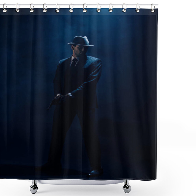 Personality  Dangerous Gangster Holding Weapon On Dark Blue Background Shower Curtains