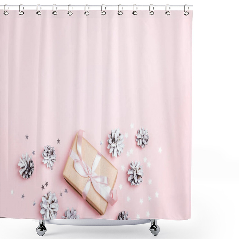 Personality  Christmas Gift Box With Cones And Stars On Pink Background. Copy Space For Text. Top View, Flat Lay. Shower Curtains