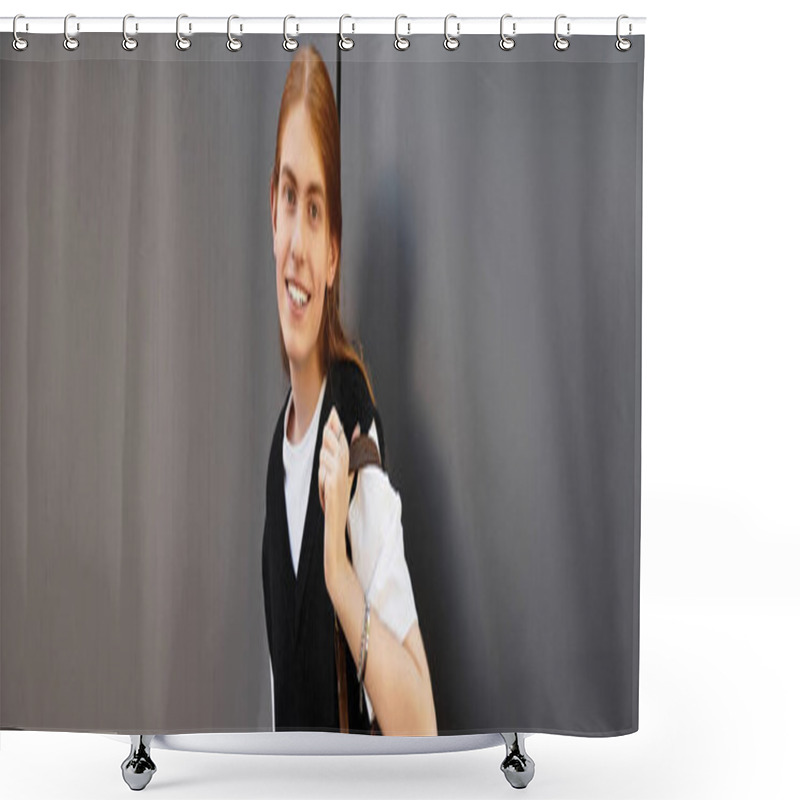 Personality  A Young Man Showcases His Style And Confidence In A Contemporary Environment, Smiling Warmly. Shower Curtains