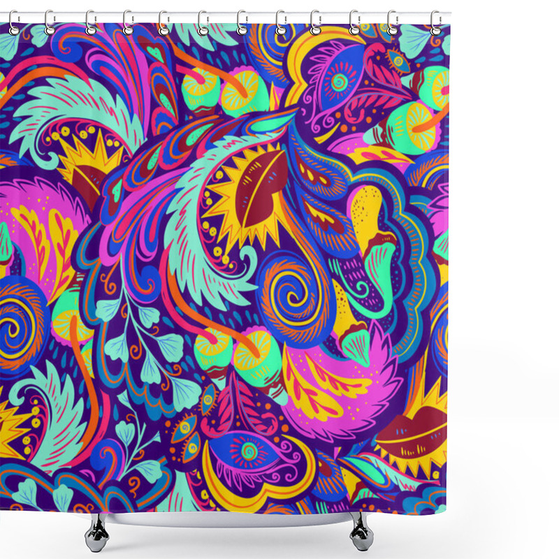 Personality  Colorful Seamless Pattern With Crazy Psychedelic Organic Abstract Elements, Print With Plant And Mushrooms Motifs And Bright Neon Colors  Shower Curtains