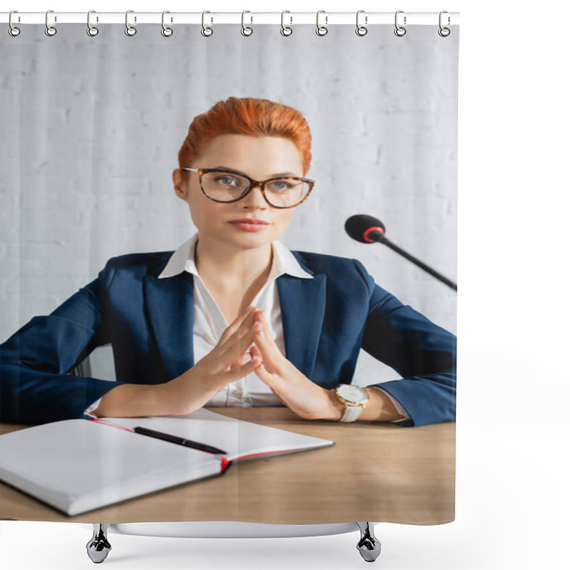 Personality  Focused Redhead Woman Fingertips Touching Gesture, Looking Away, While Sitting At Table In Boardroom Shower Curtains