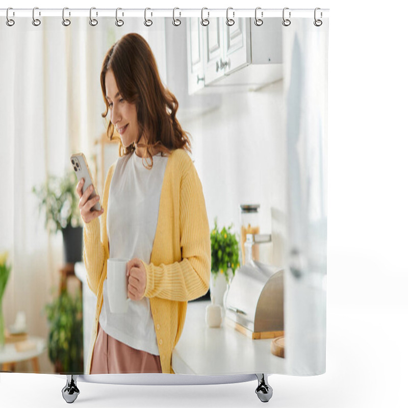 Personality  A Middle-aged Woman Standing In A Kitchen, Absorbed In Her Cell Phone. Shower Curtains