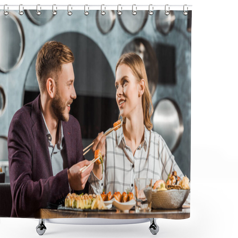 Personality  Happy Young Adult Couple Looking At Each Other While Having Dinner Together In Restaurant  Shower Curtains