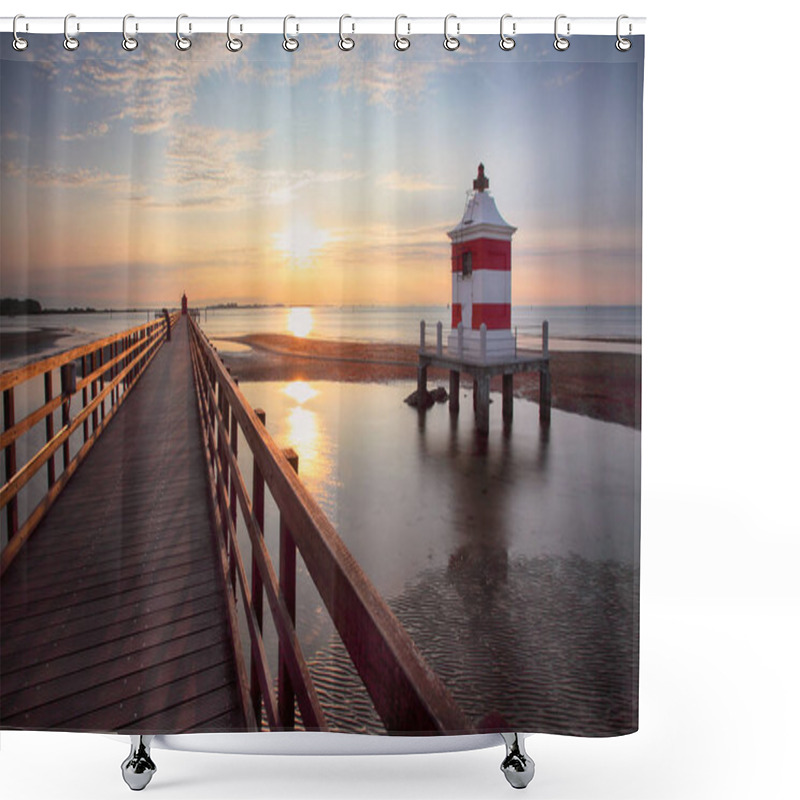 Personality  Italy Beach - Lignano Sabbiadoro Lighthouse With Beach At Sunris Shower Curtains