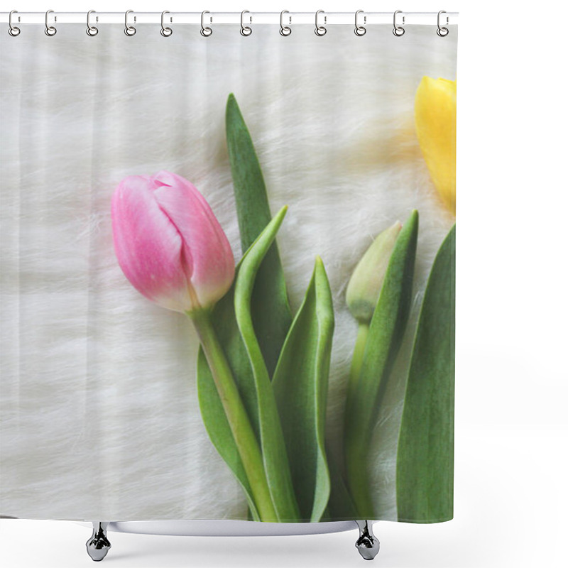 Personality  Close-up Of Vibrant Pink Tulip With Green Leaves Against A Soft White Background. Shower Curtains