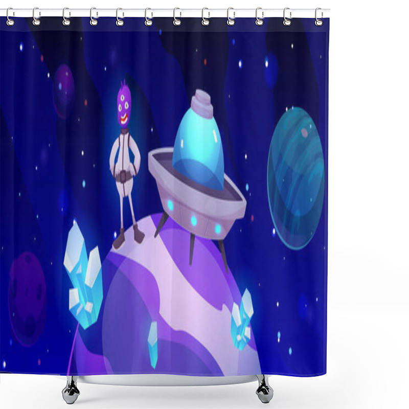 Personality  Vector Illustration With Cute Aliens Landing On Their Flying Saucer On A Planet With Crystals On The Background Of The Cosmic Sky, For A Gaming Environment Shower Curtains