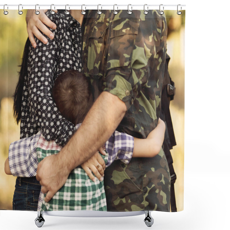 Personality  Wife And Son Hugging Soldier Shower Curtains