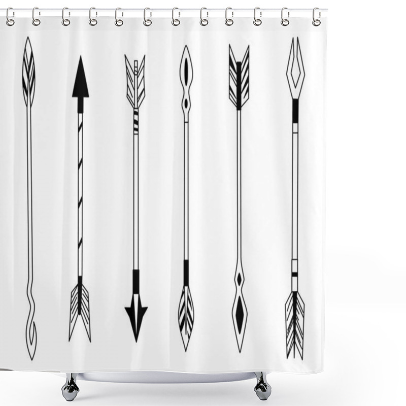 Personality  Hand Drawn Feather Arrow, Tribal Feathers On Pointer And Decorative Boho Bow, Feather Indian Arrowhead. Native Aztec Or Hipster Tattoo Sketch Isolated Vector Symbols Set. Shower Curtains