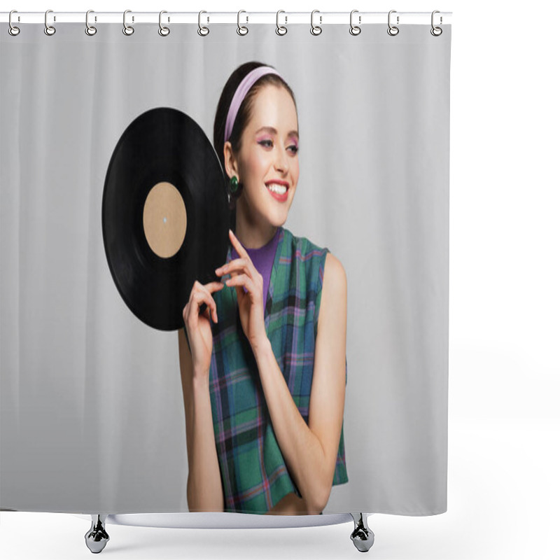 Personality  Cheerful Woman In Headband Holding Retro Vinyl Disc Isolated On Grey Shower Curtains