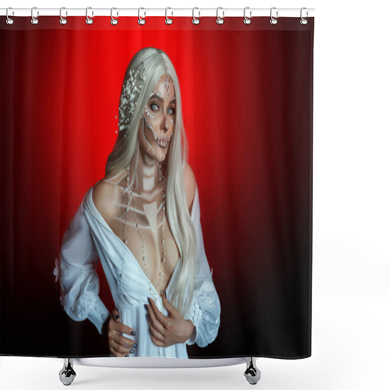 Personality  Mystical Beautiful Young Blond Woman With Long Ash Gray Hair Posing Image Goddess Death. Sexy Vintage Elegant Dress. Creative Makeup Sugar Skull. Wreath Bride White Flowers. Fiery Red Flaming Backdrop Shower Curtains