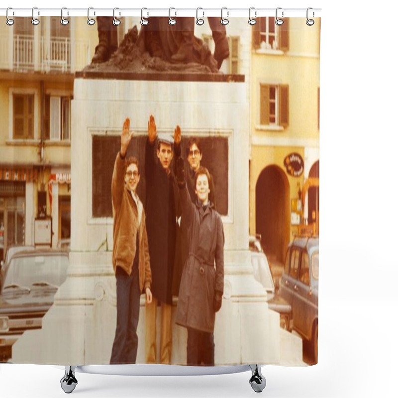 Personality  Rome, Italy May 1964: Four Young Italian Students Doing The Roman Salute In A City Square In Front Of A Monument In The Seventies Shower Curtains