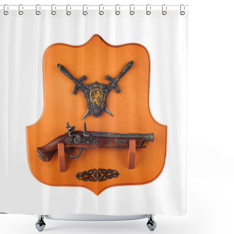 Personality  Miniature Pistol, Daggers And Coat Of Arms On The Wooden  Backgr Shower Curtains