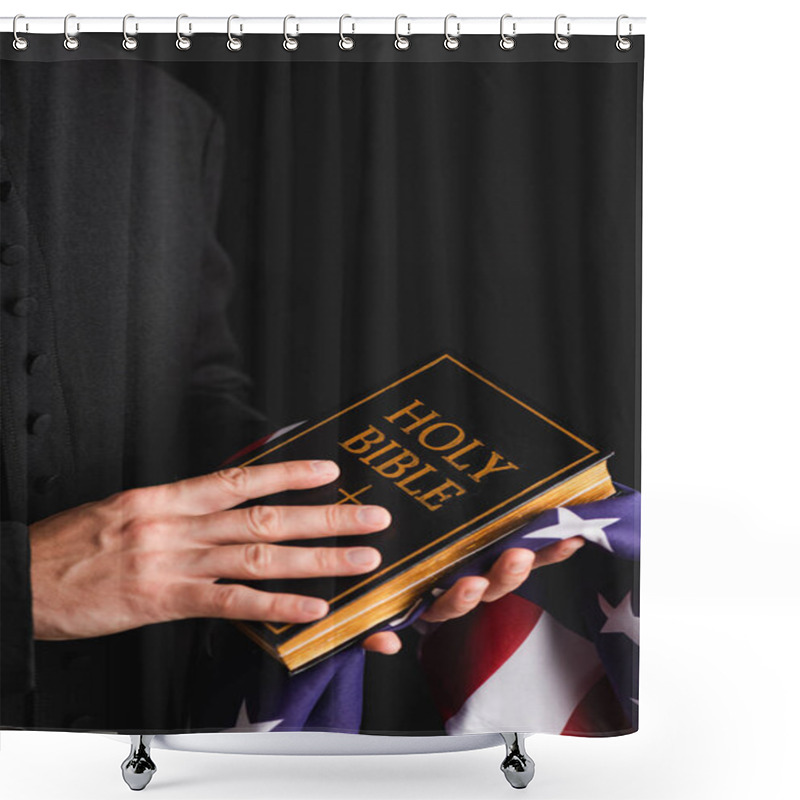 Personality  Cropped View Of Priest Holding Holy Bible And American Flag Isolated On Black  Shower Curtains